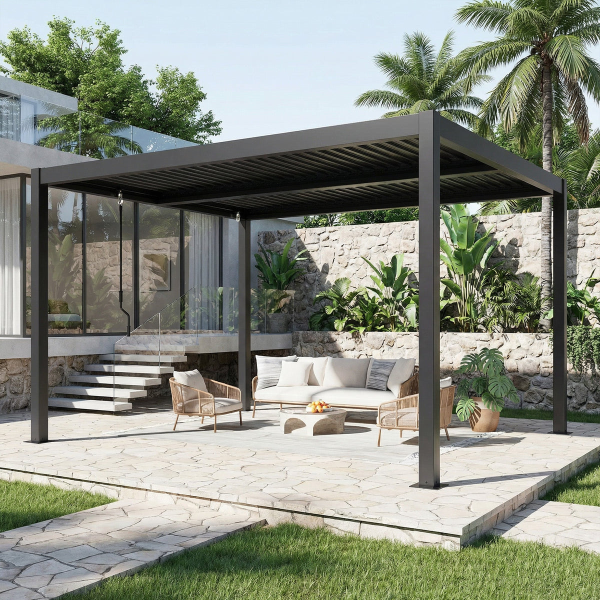 EROMMY 10' x 12' Outdoor Pergola with Adjustable Louvered Roof & Integrated Drainage, Heavy-Duty Metal Louvered Pergola for Patios, Black