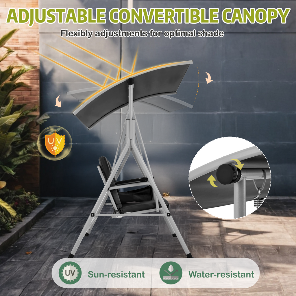 EROMMY 2-Person Outdoor Swing with Canopy, Storage Table, Cooler Bag & Cushions – Black