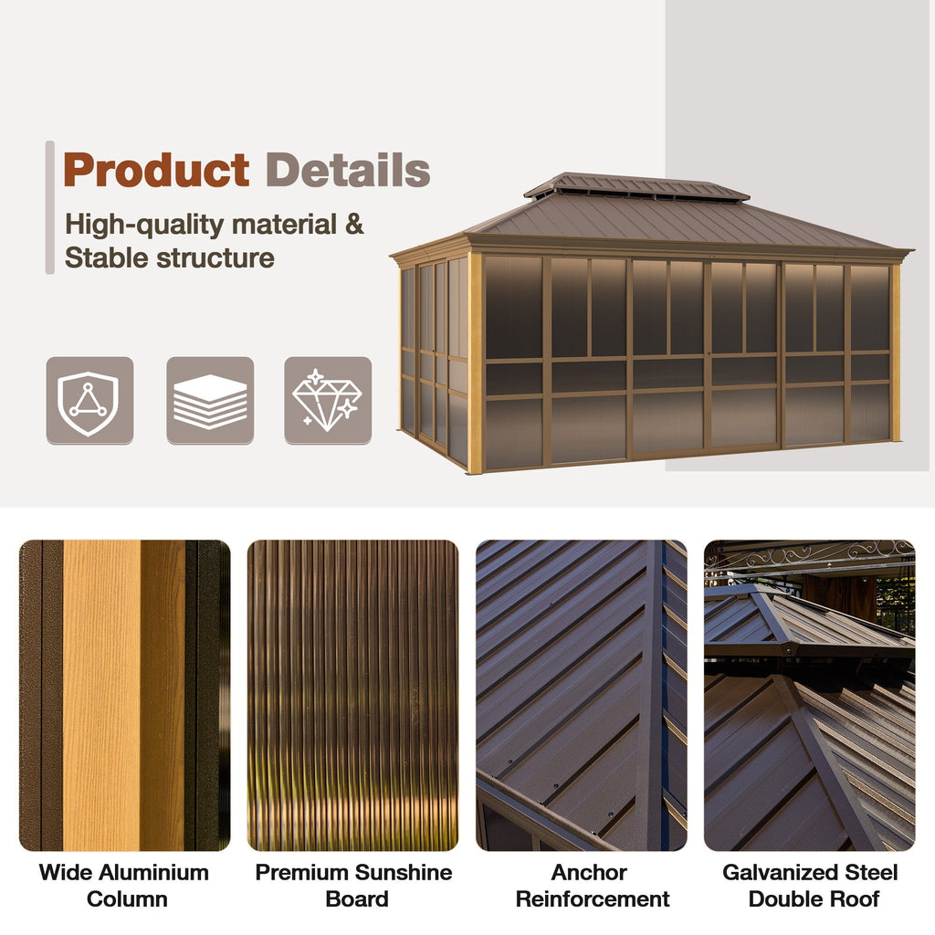 EROMMY 12'*16' Sunroom, with Front Door, Side Entrance, Galvanized Steel Double Top, Wood Grain Appearance, Aluminum Alloy Frame, Solarium Backyard Sun Room