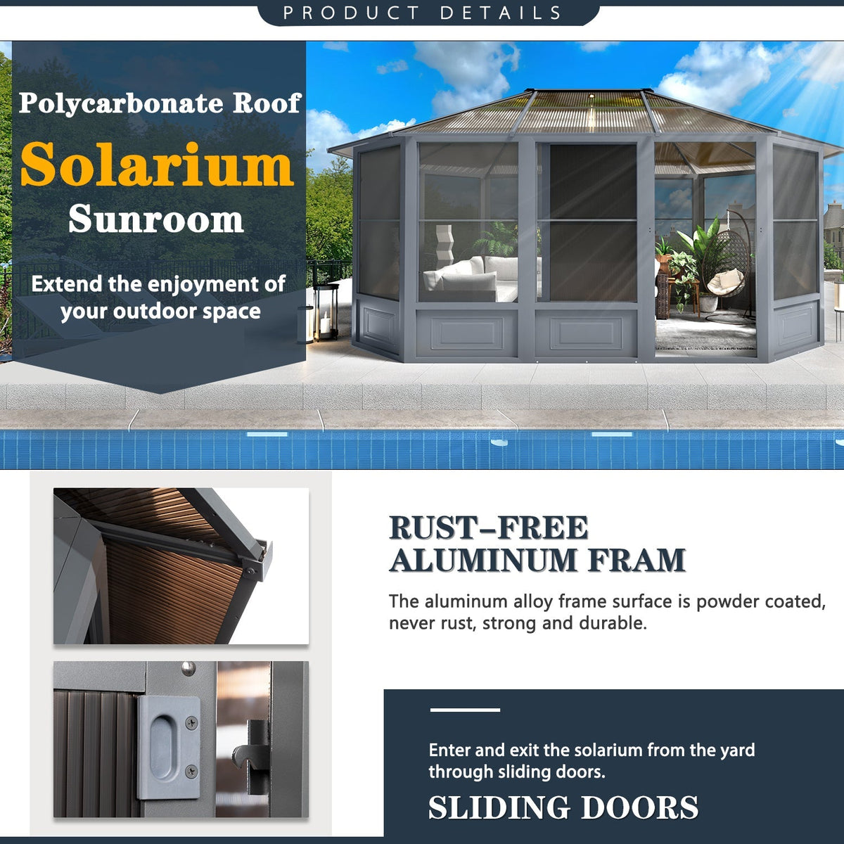 EROMMY 12X15 Solarium Room for 4 Season with Sliding Door – Grey
