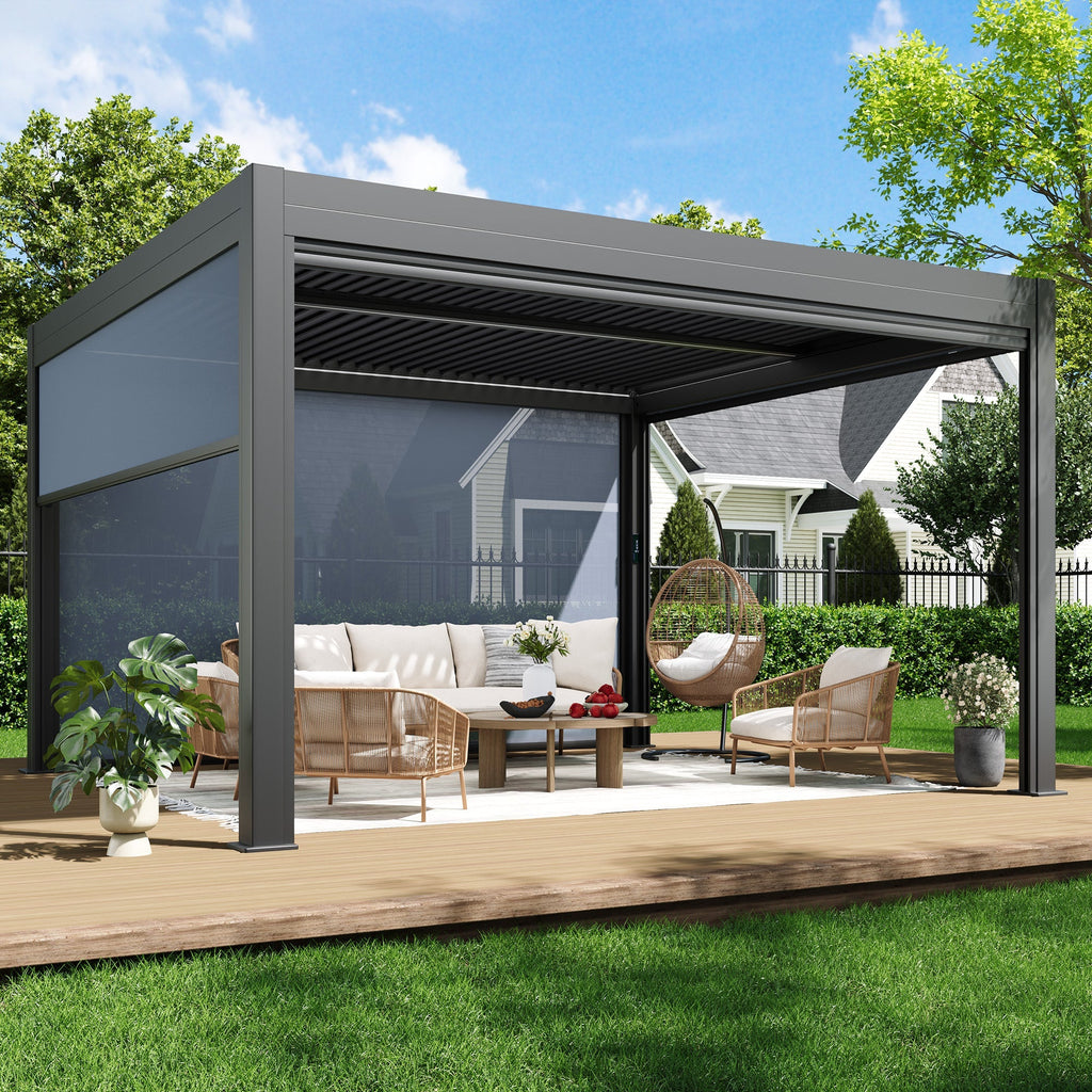 EROMMY 10' x 13' Outdoor Pergola with LED Lights, Aluminum Gazebo with Motorized Louvers & Side Screens for Patio, Backyard & Poolside, Black