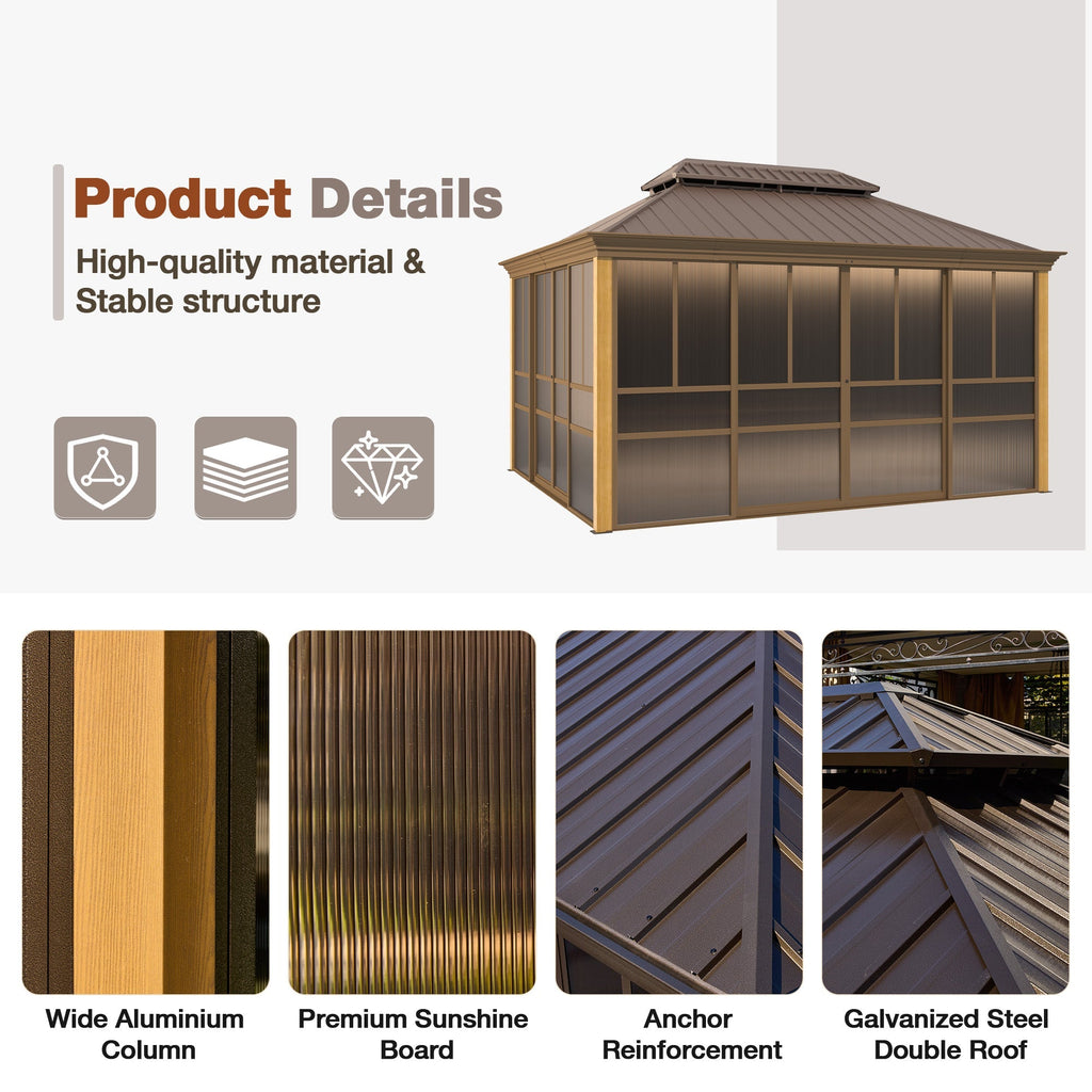 EROMMY 12'*14' Sunroom, with Front Door, Side Entrance, Galvanized Steel Double Top, Wood Grain Appearance, Aluminum Alloy Frame, Solarium Backyard Sun Room