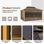 EROMMY 12'*14' Sunroom, with Front Door, Side Entrance, Galvanized Steel Double Top, Wood Grain Appearance, Aluminum Alloy Frame, Solarium Backyard Sun Room