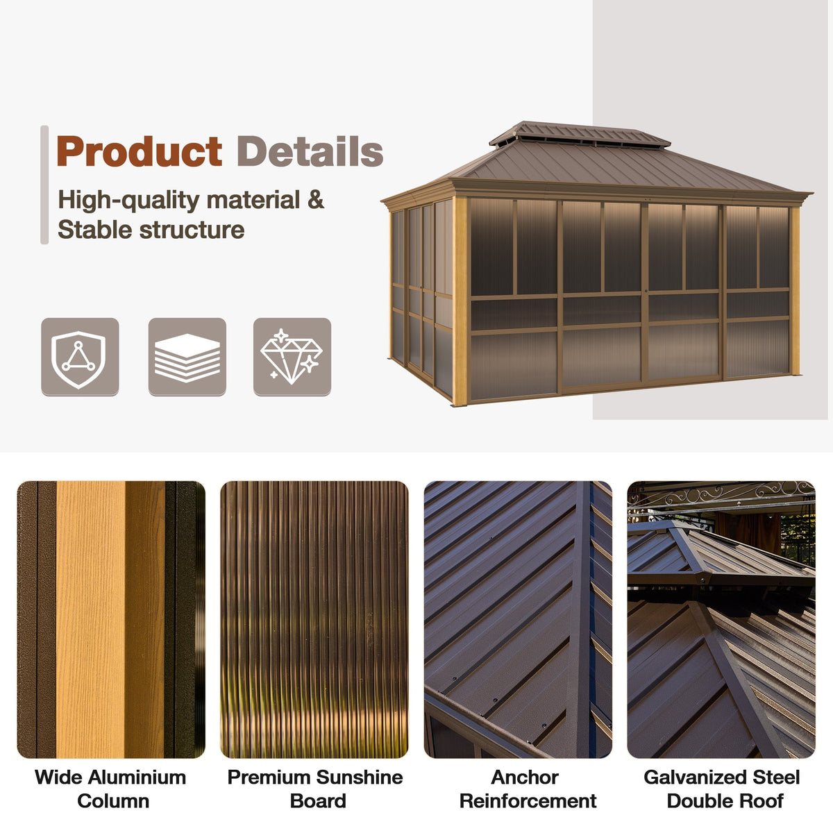 EROMMY 12'*14' Sunroom, with Front Door, Side Entrance, Galvanized Steel Double Top, Wood Grain Appearance, Aluminum Alloy Frame, Solarium Backyard Sun Room