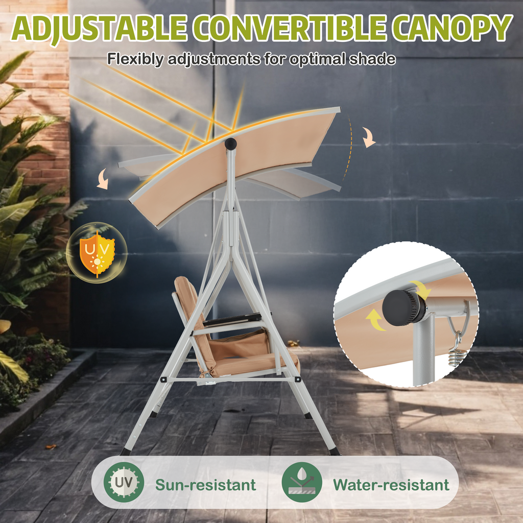 EROMMY 2-Person Outdoor Swing with Canopy, Storage Table, Cooler Bag & Cushions – Beige