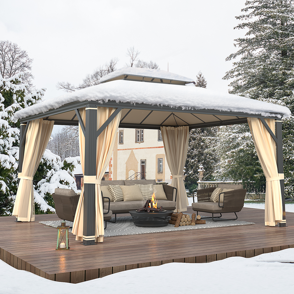 EROMMY 12' x 14' Hardtop Permanent Outdoor Aluminum Patio Gazebo with Double Roof for Patio and Garden, Curtains and Netting