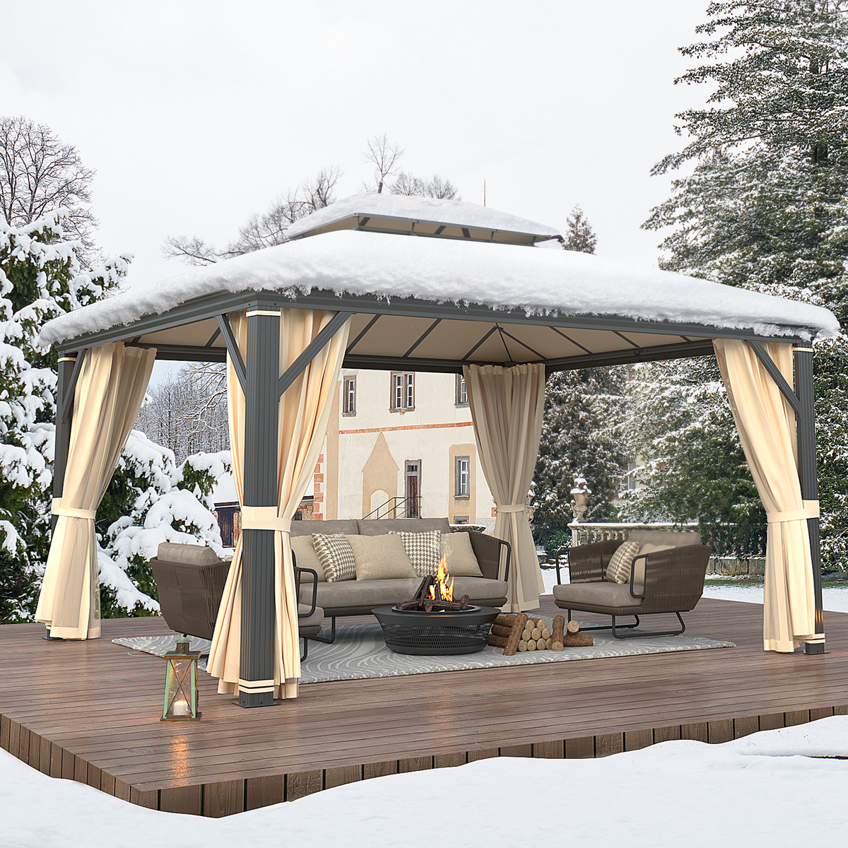 EROMMY 12' x 14' Hardtop Permanent Outdoor Aluminum Patio Gazebo with Double Roof for Patio and Garden, Curtains and Netting