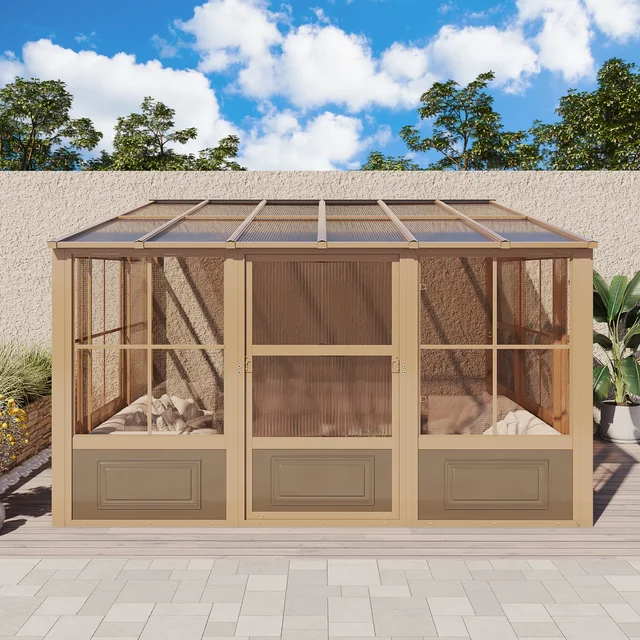 EROMMY 10X12 Wall Mounted Sunroom with Prefab 4-season Design – Brown