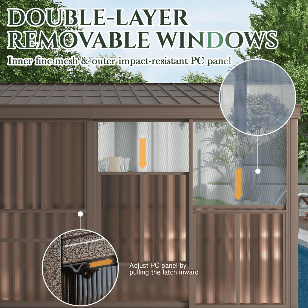 EROMMY 10 x 12FT Wall-Mounted Sunroom with Removable 3-Sided Doors & Aluminum Frame, All-Weather Sun Room with Galvanized Steel Roof, 6mm Thickened PC Screen
