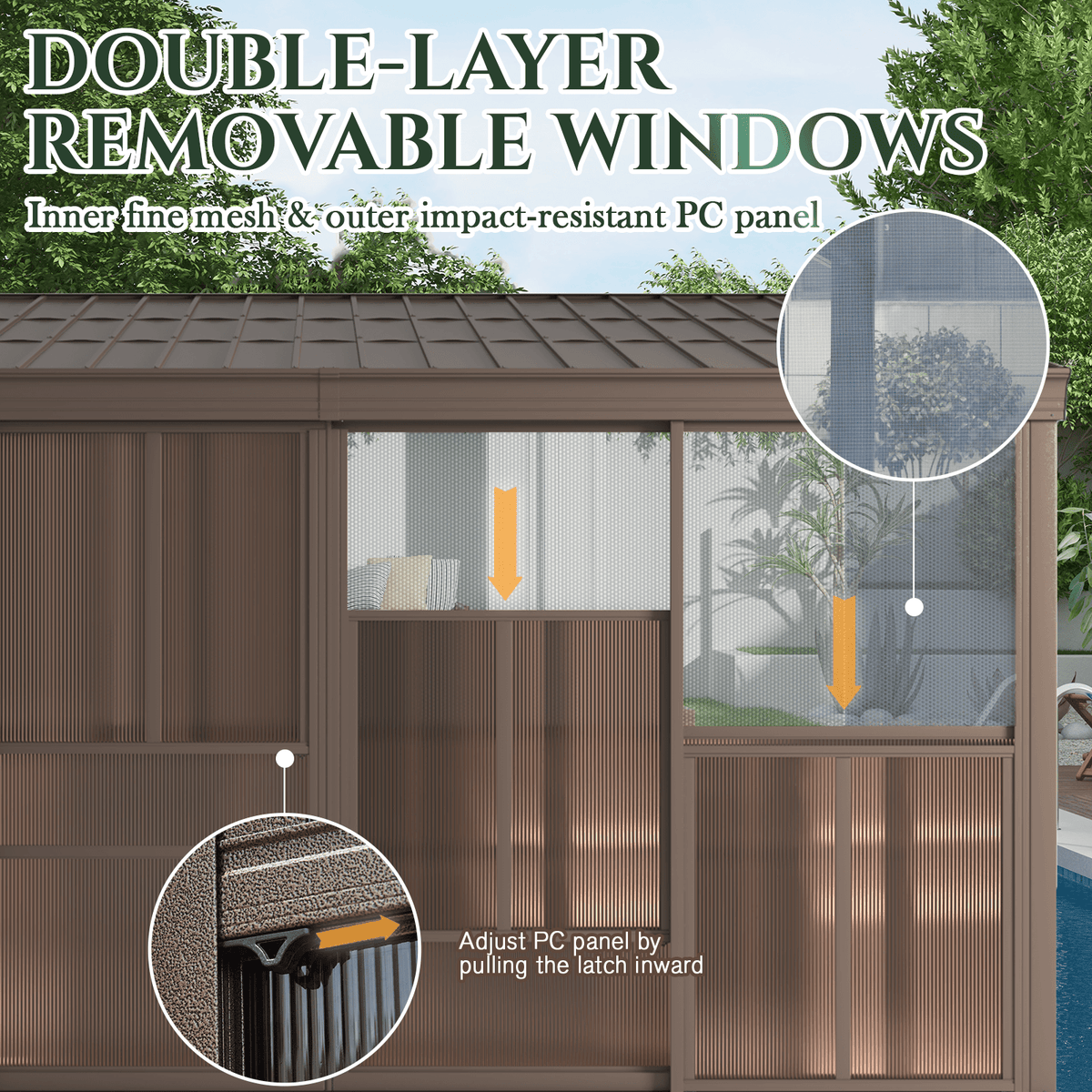 EROMMY 10 x 12FT Wall-Mounted Sunroom with Removable 3-Sided Doors & Aluminum Frame, All-Weather Sun Room with Galvanized Steel Roof, 6mm Thickened PC Screen