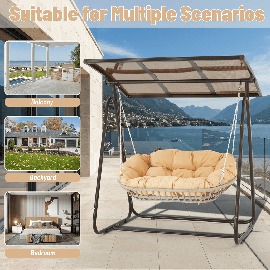 EROMMY 2-Seat Patio Swing Chair with Adjustable Canopy, Beige
