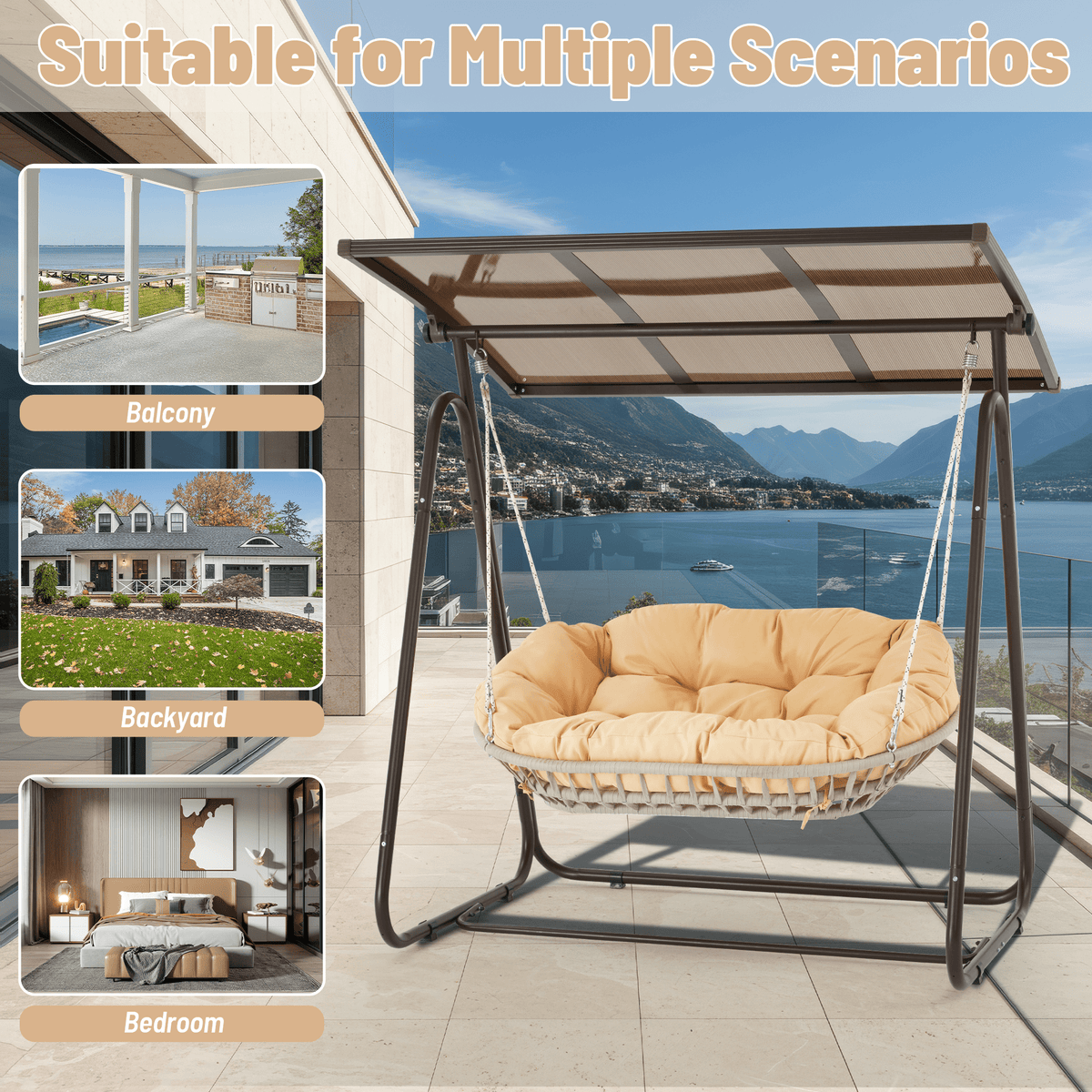EROMMY 2-Seat Patio Swing Chair with Adjustable Canopy, Beige