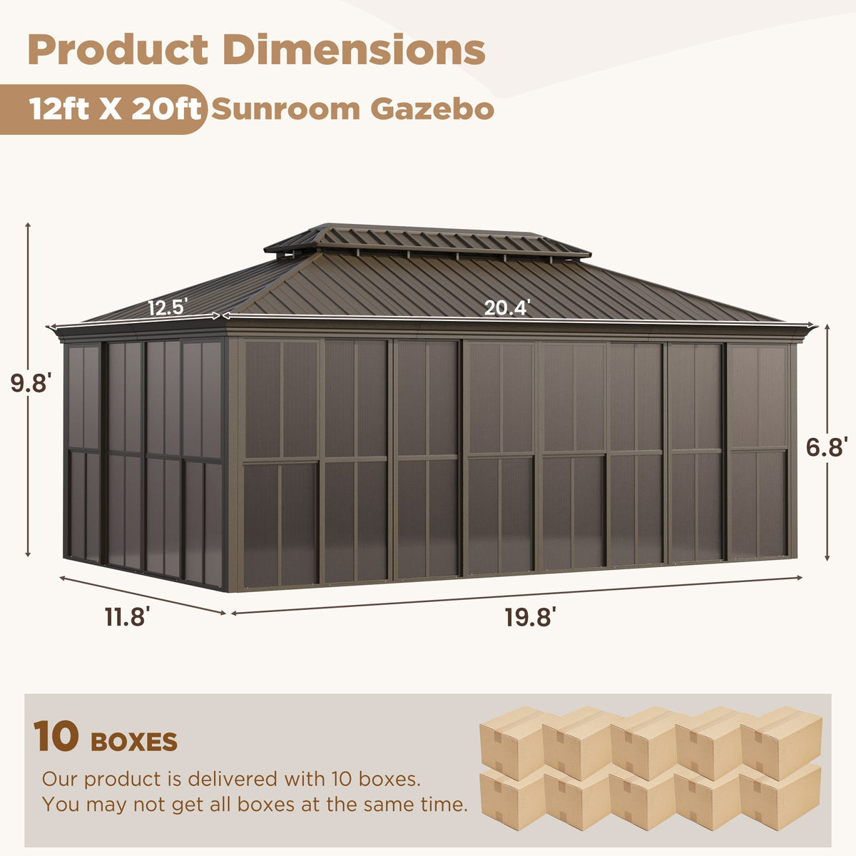 EROMMY 12X20 Enclosed Gazebo for All Season with Sliding Door – Brown