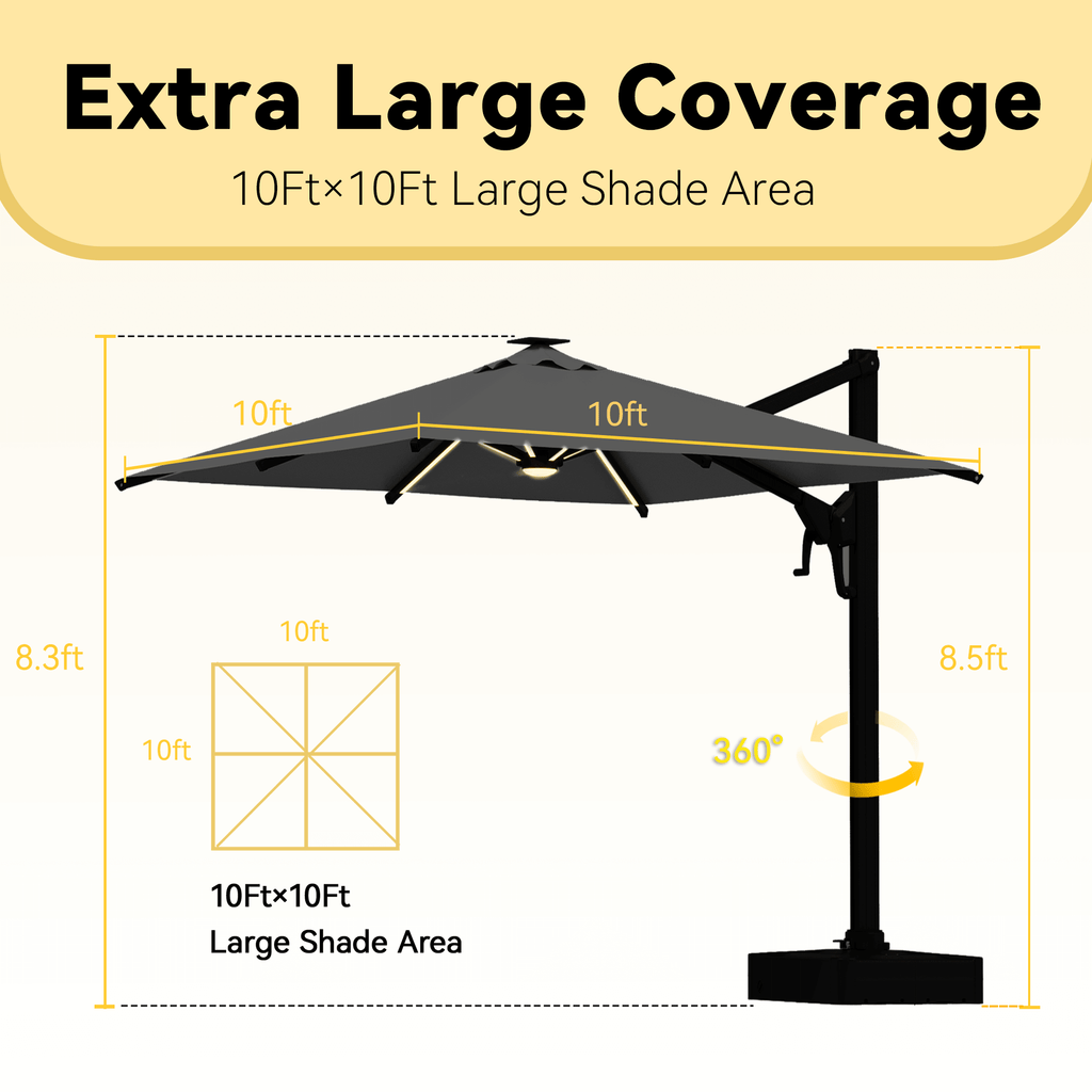 EROMMY 10 X 10 Outdoor Weather-resistant Umbrella with LED, Base Excluded - Gray