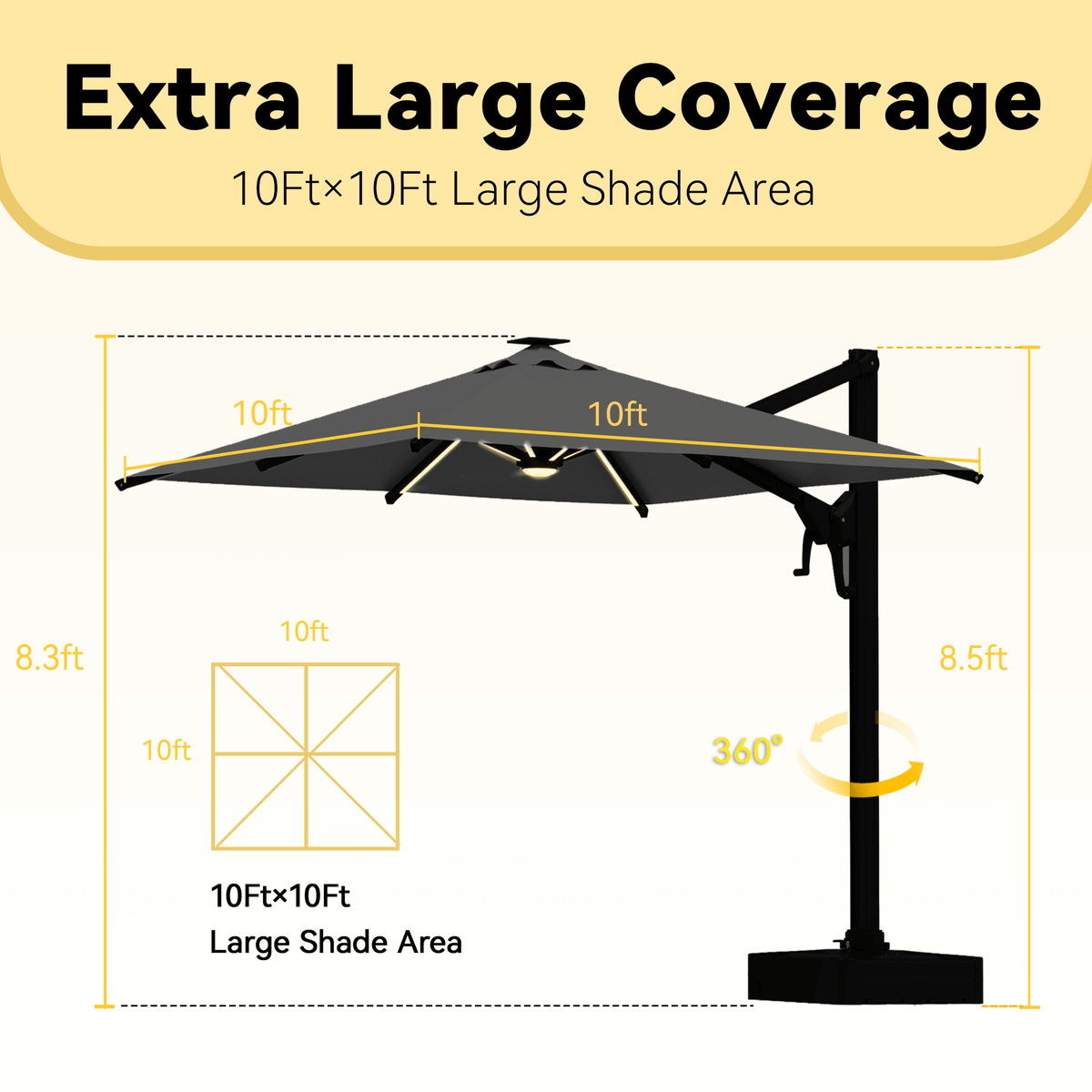 EROMMY 10 X 10 Outdoor Weather-resistant Umbrella with LED, Base Excluded - Gray