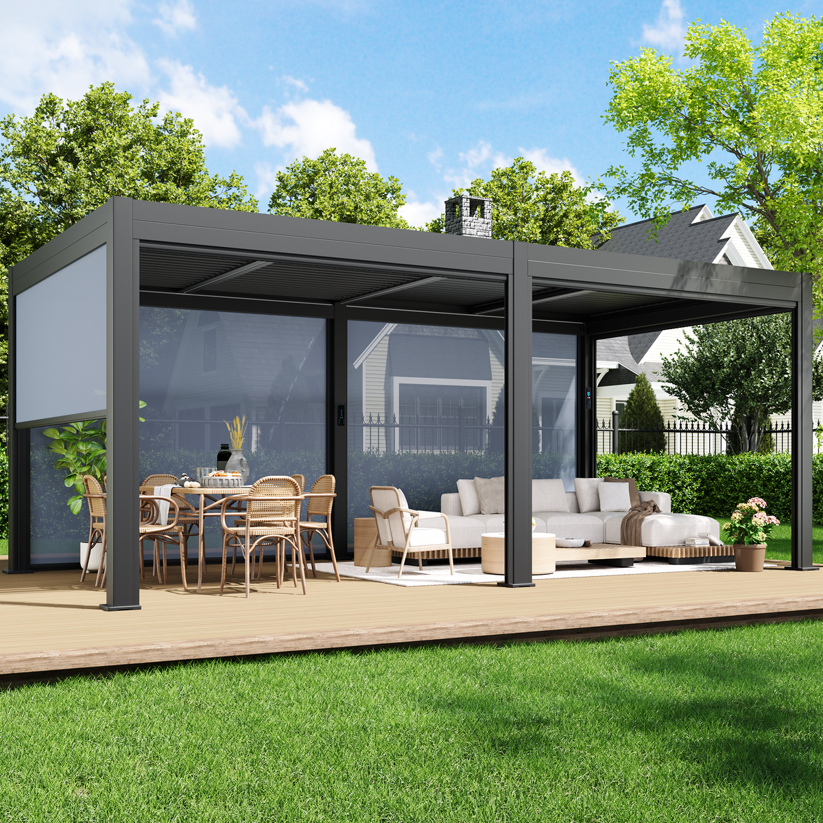 EROMMY 10' x 20' Outdoor Pergola with LED Lights, Aluminum Gazebo with Motorized Louvers & Side Screens for Patio, Backyard & Poolside, Black