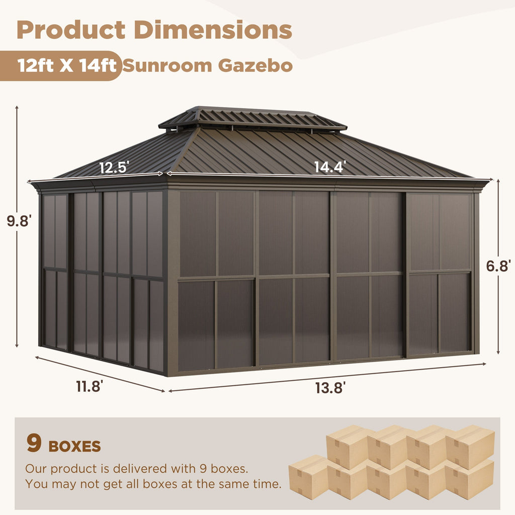 EROMMY 12X14 Florida Sunroom for Backyard Greenhouse with Sliding Door – Brown