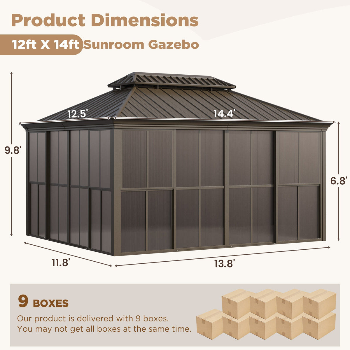 EROMMY 12X14 Florida Sunroom for Backyard Greenhouse with Sliding Door – Brown