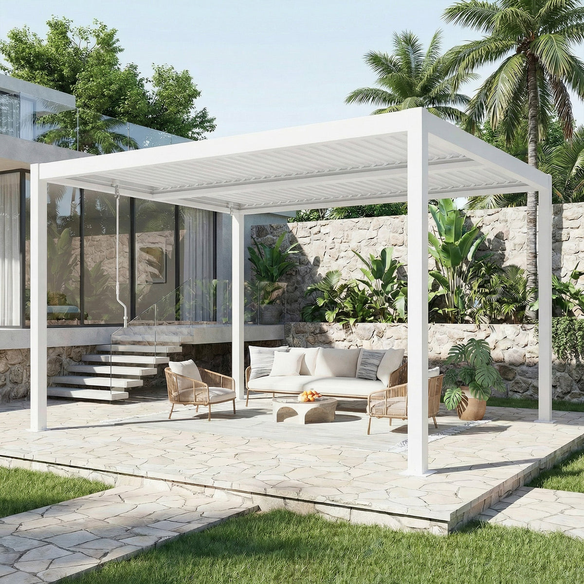 EROMMY 10' x 12' Outdoor Pergola with Adjustable Louvered Roof & Integrated Drainage, Heavy-Duty Metal Louvered Pergola for Patios, White