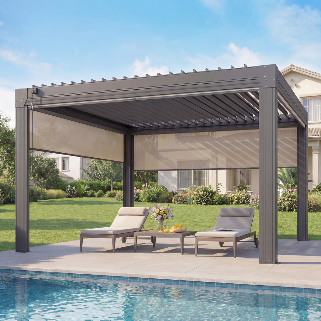 EROMMY 12' x 12' Louvered Pergola with Pull-Down Screens, Aluminum Outdoor Pergola with Retractable Roof for Patios, Decks & Backyards, Black
