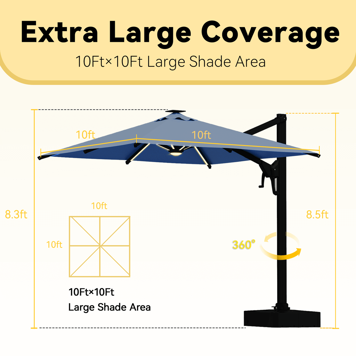 EROMMY 10 X 10 Outdoor Weather-resistant Umbrella with LED, Base Excluded - Navy