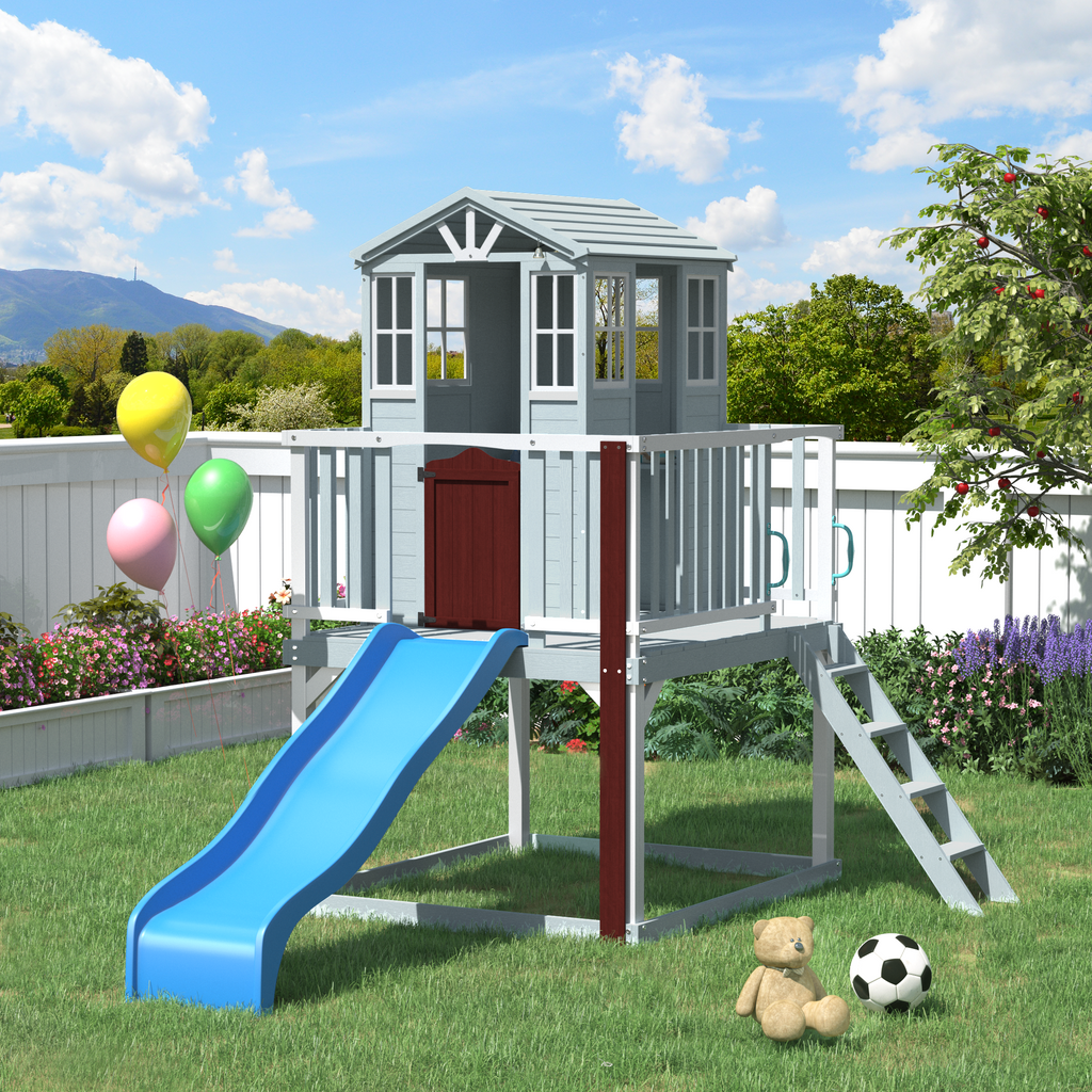 Erommy  Outdoor Wooden Playhouse for Kids - Fir Tree House with Slide, Climbing Ladder & Play Kitchen | Ages 4-8, Gray