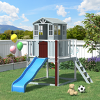 Erommy  Outdoor Wooden Playhouse for Kids - Fir Tree House with Slide, Climbing Ladder & Play Kitchen | Ages 4-8, Gray