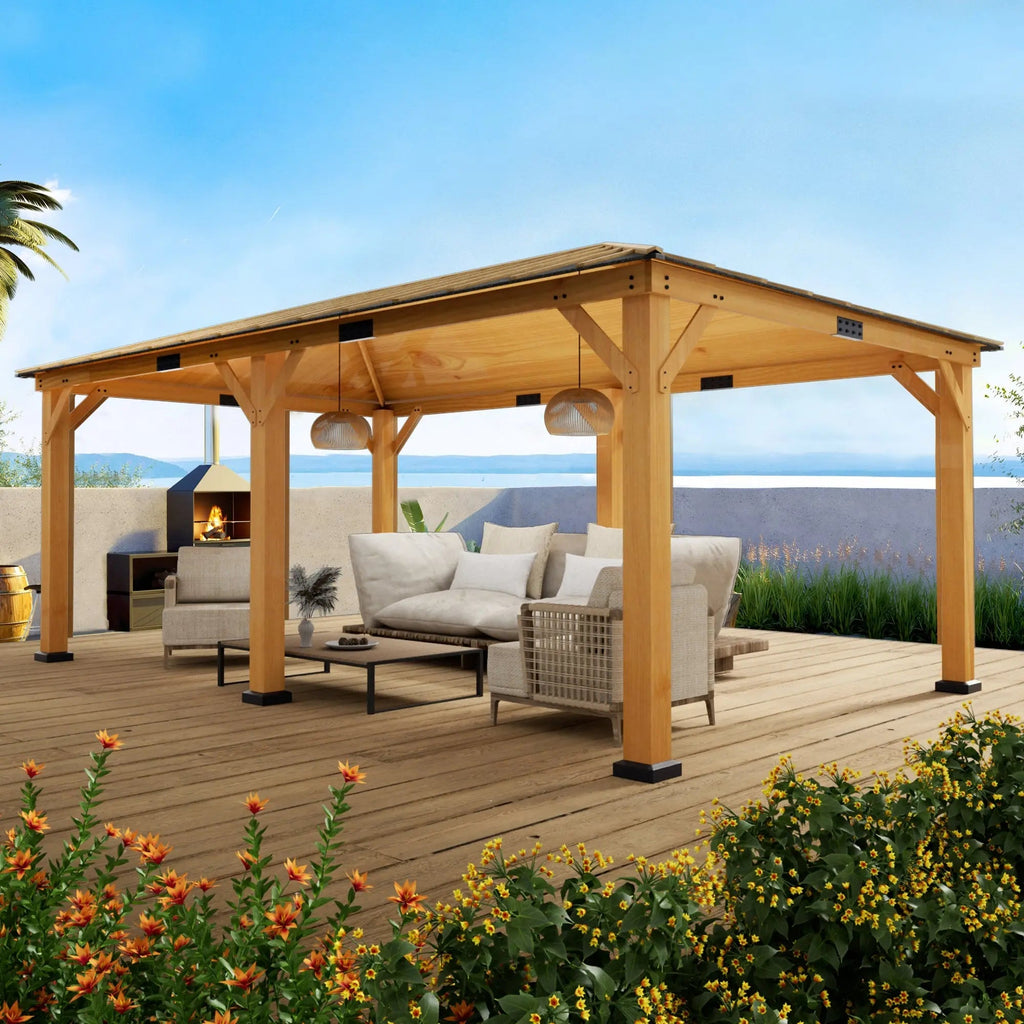 EROMMY 12' x 20' Spruce Wood Gazebo Hardtop, Silent Asphalt Roof Solid Wood Gazebo, for Patio, Lawns, Garden, Yard