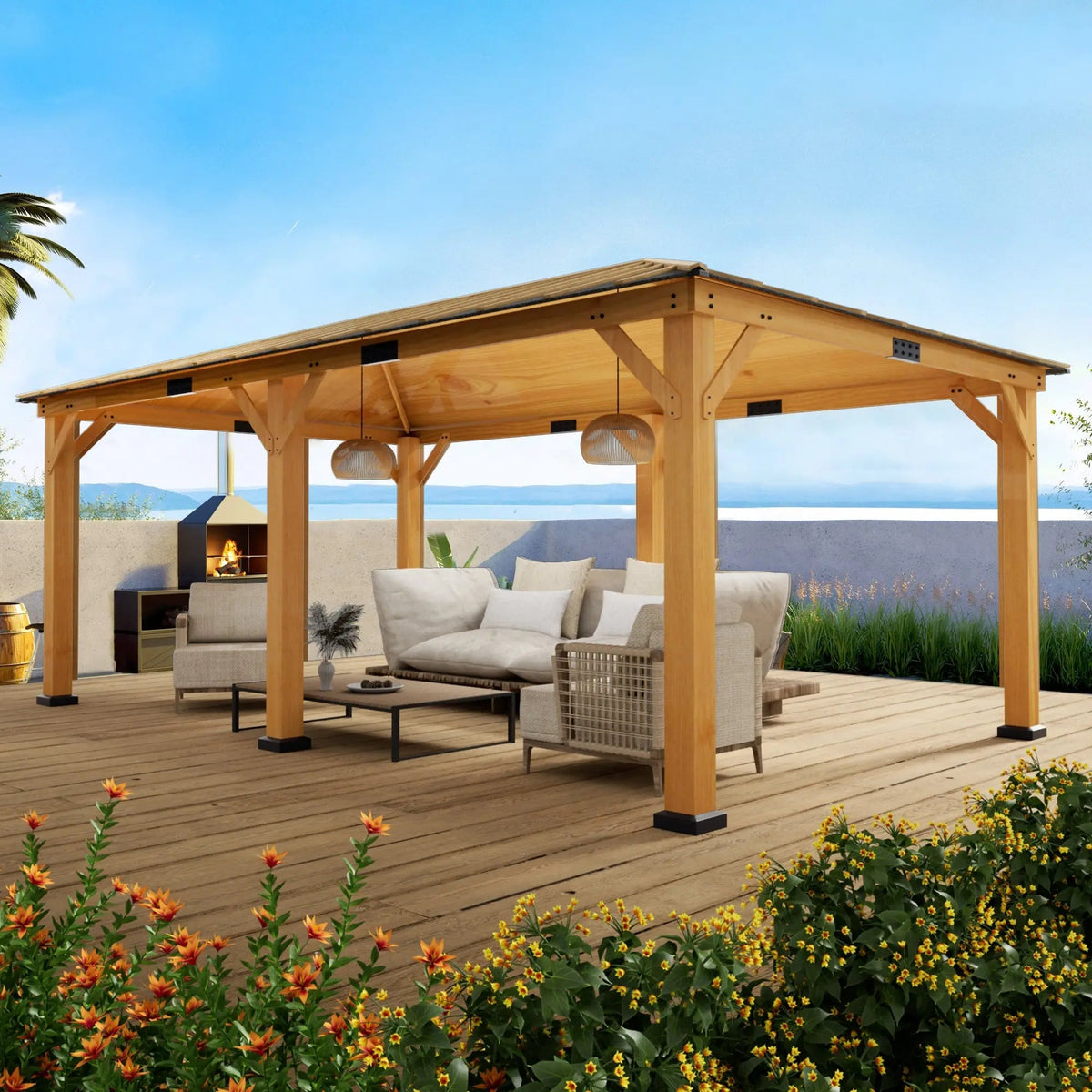 EROMMY 12' x 20' Spruce Wood Gazebo Hardtop, Silent Asphalt Roof Solid Wood Gazebo, for Patio, Lawns, Garden, Yard