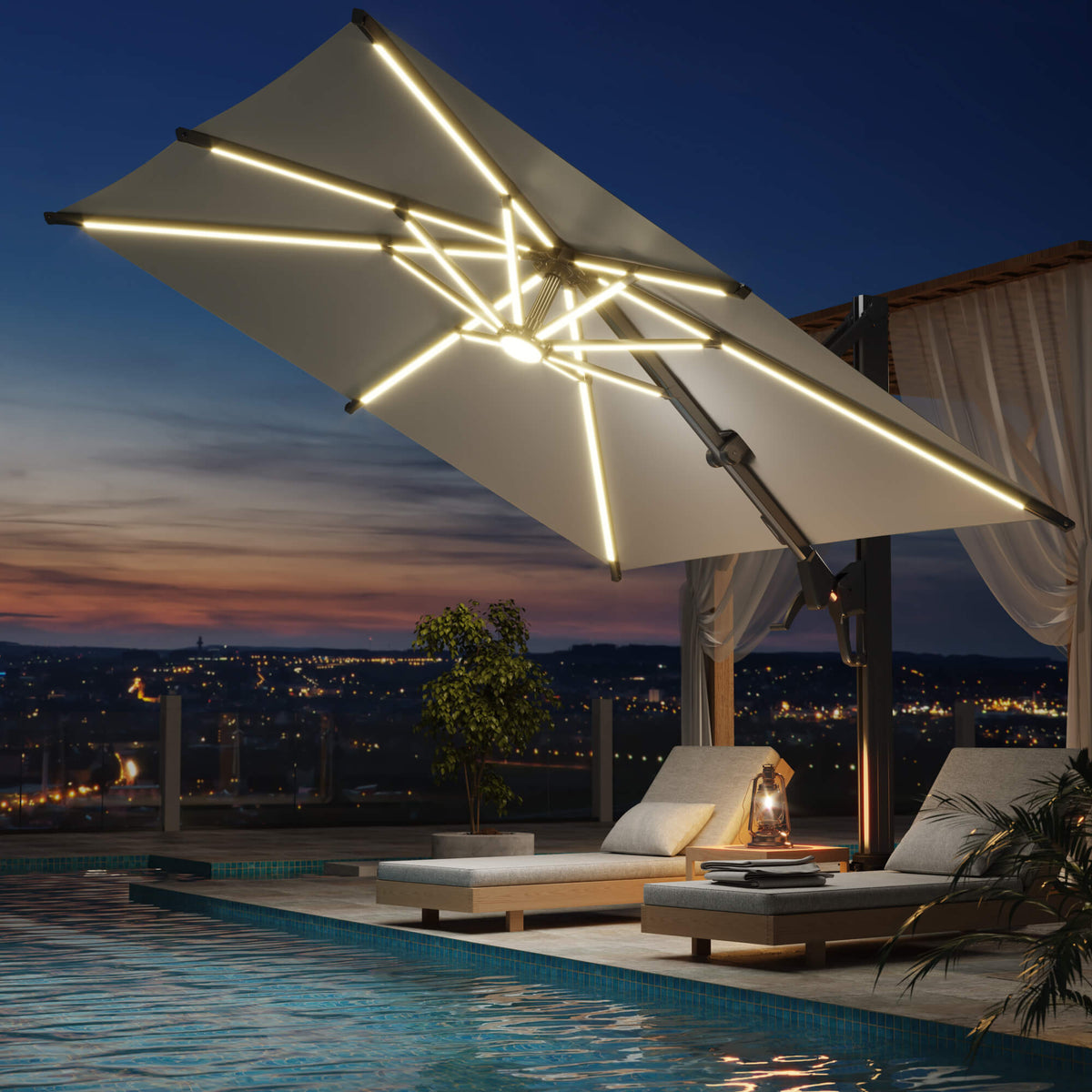 EROMMY 10 X 10 Cantilevered Umbrella with LED Lights, Base Excluded - Brown