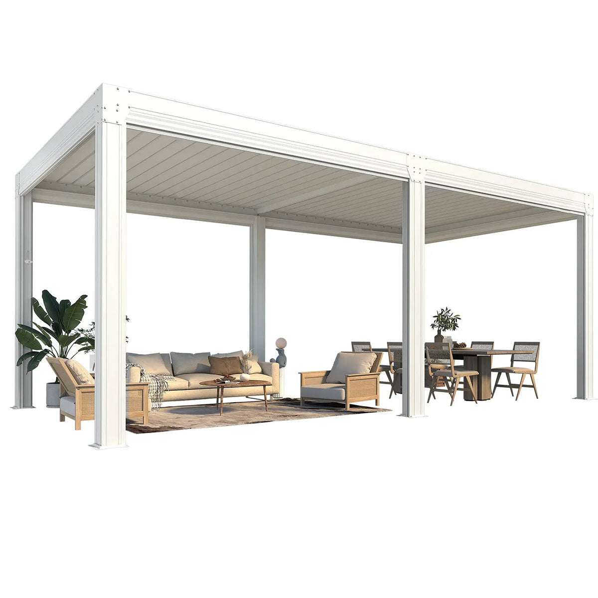 EROMMY 10x20 Aluminum Pergola with Pull-down Sun Shade – White