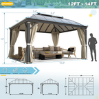 EROMMY 12' x 14' Hardtop Permanent Outdoor Aluminum Patio Gazebo, Double Roof for Patio Lawn and Garden, Curtains and Netting Included