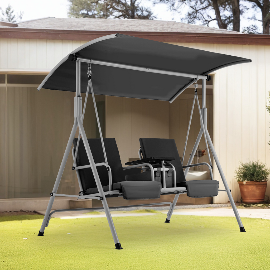 EROMMY 2-Person Outdoor Swing with Canopy, Storage Table, Cooler Bag & Cushions – Black