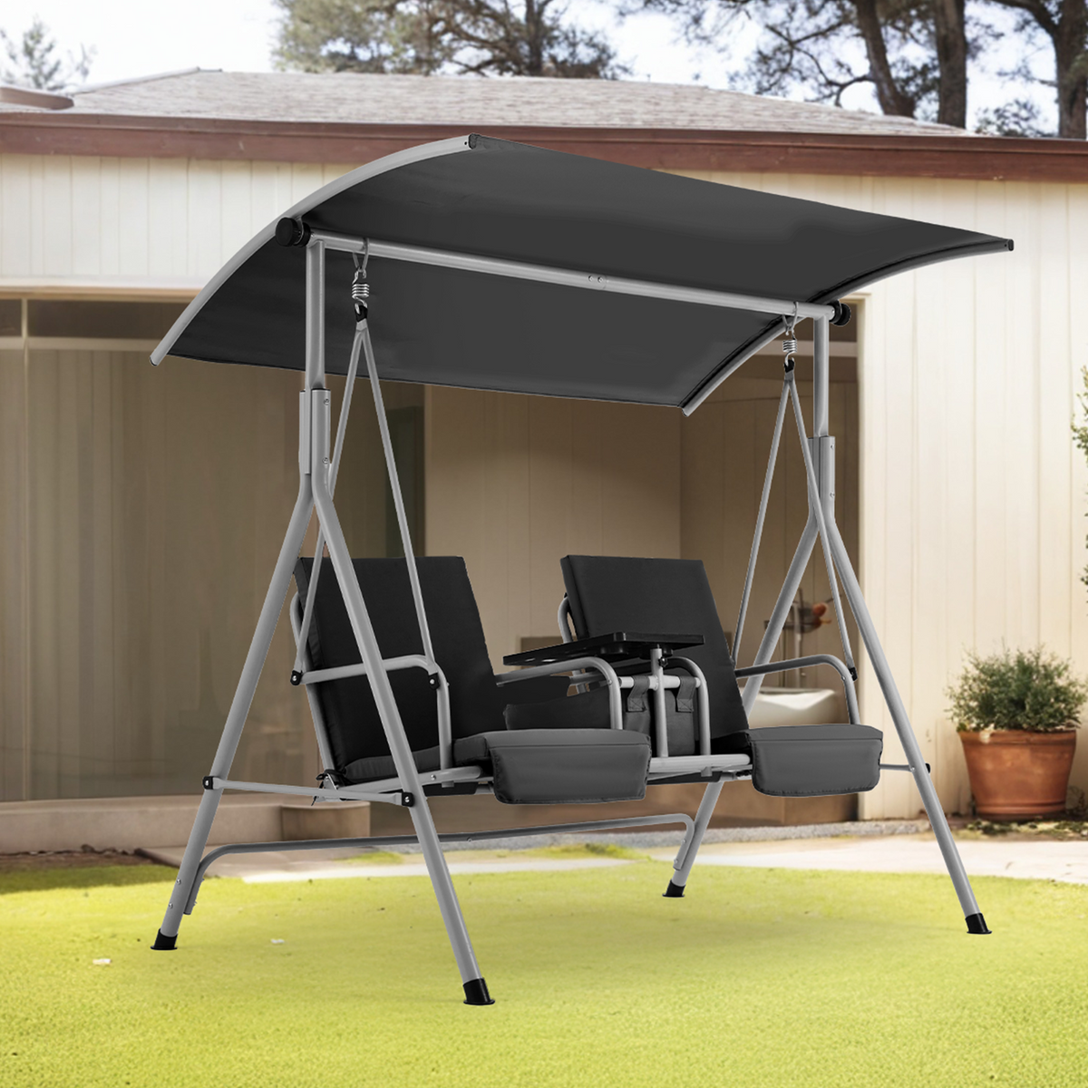 EROMMY 2-Person Outdoor Swing with Canopy, Storage Table, Cooler Bag & Cushions – Black
