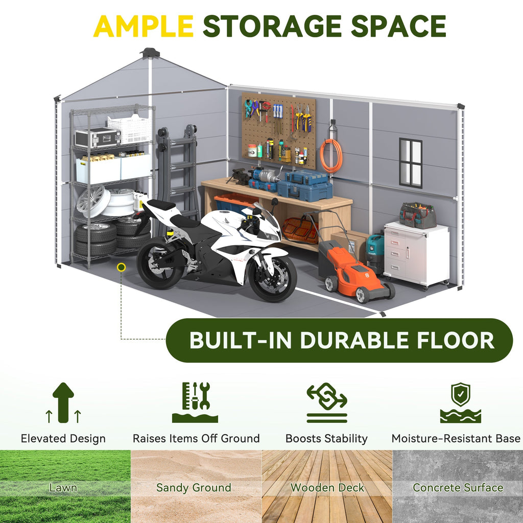 8x12 FT Outdoor Storage Shed, Weather-Resistant Shed with Lockable Double Doors & Built-In Floor, Sloped Roof Outdoor Shed for Backyard, Patio & Lawn, Gray