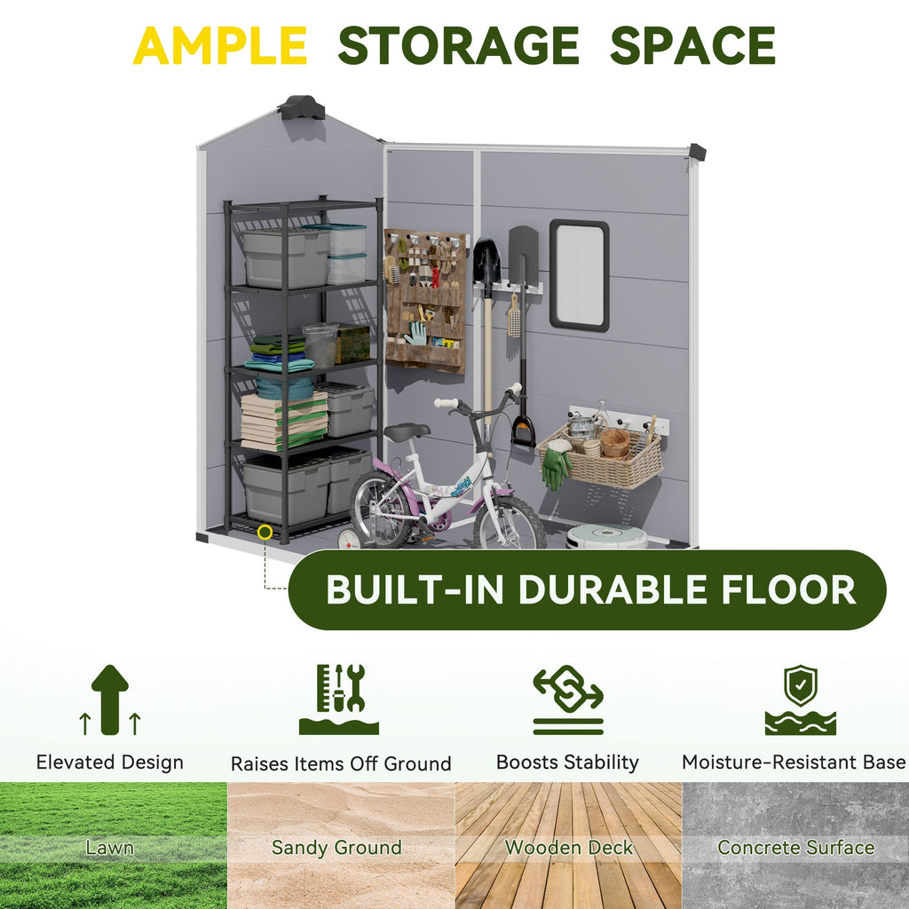 4x6 FT Outdoor Storage Shed, Weather-Resistant Shed with Lockable Double Doors & Built-In Floor, Sloped Roof Outdoor Shed for Backyard, Patio & Lawn, Gray