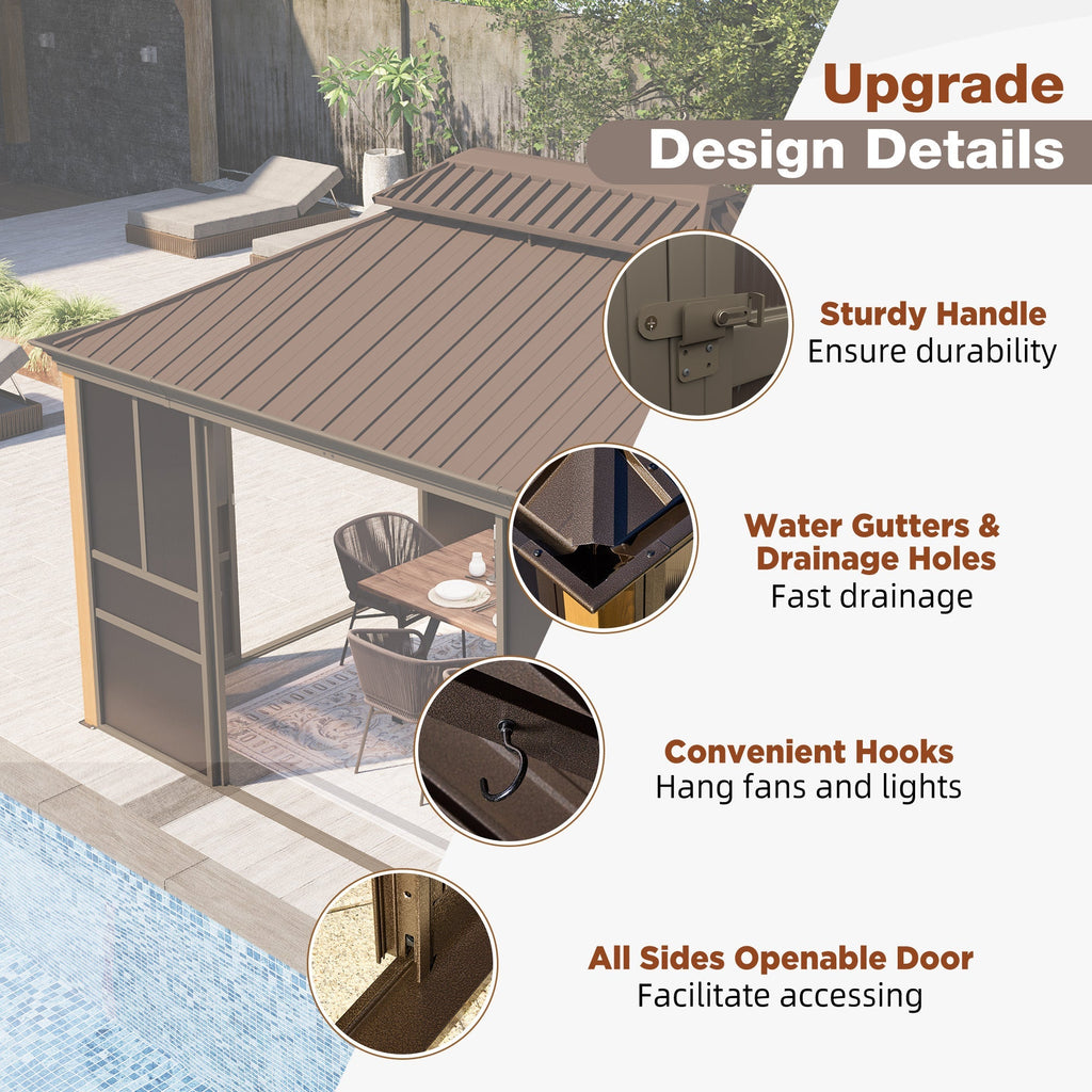 EROMMY 12'*14' Sunroom, with Front Door, Side Entrance, Galvanized Steel Double Top, Wood Grain Appearance, Aluminum Alloy Frame, Solarium Backyard Sun Room