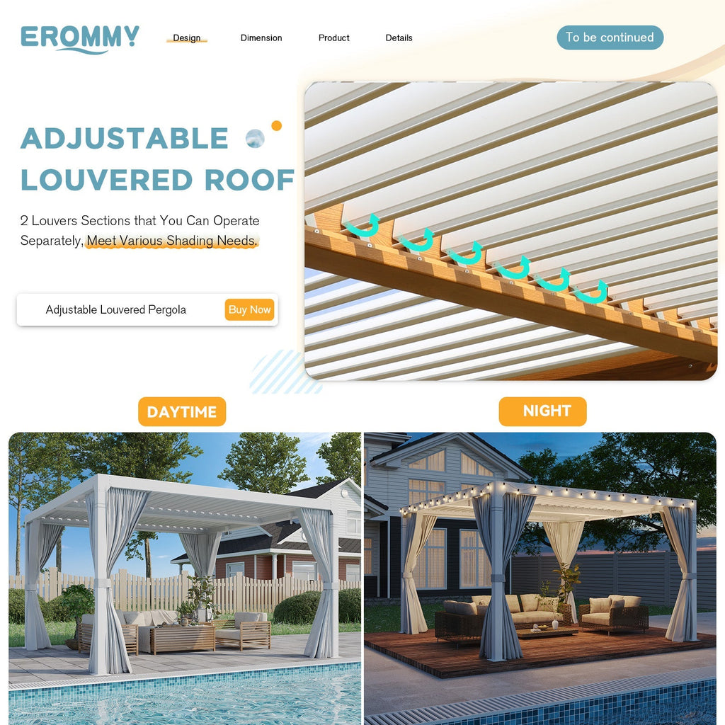 EROMMY 12x12 louvered pergola with Louvered Roof  for Decks, Gardens and Backyards, Wood Grain