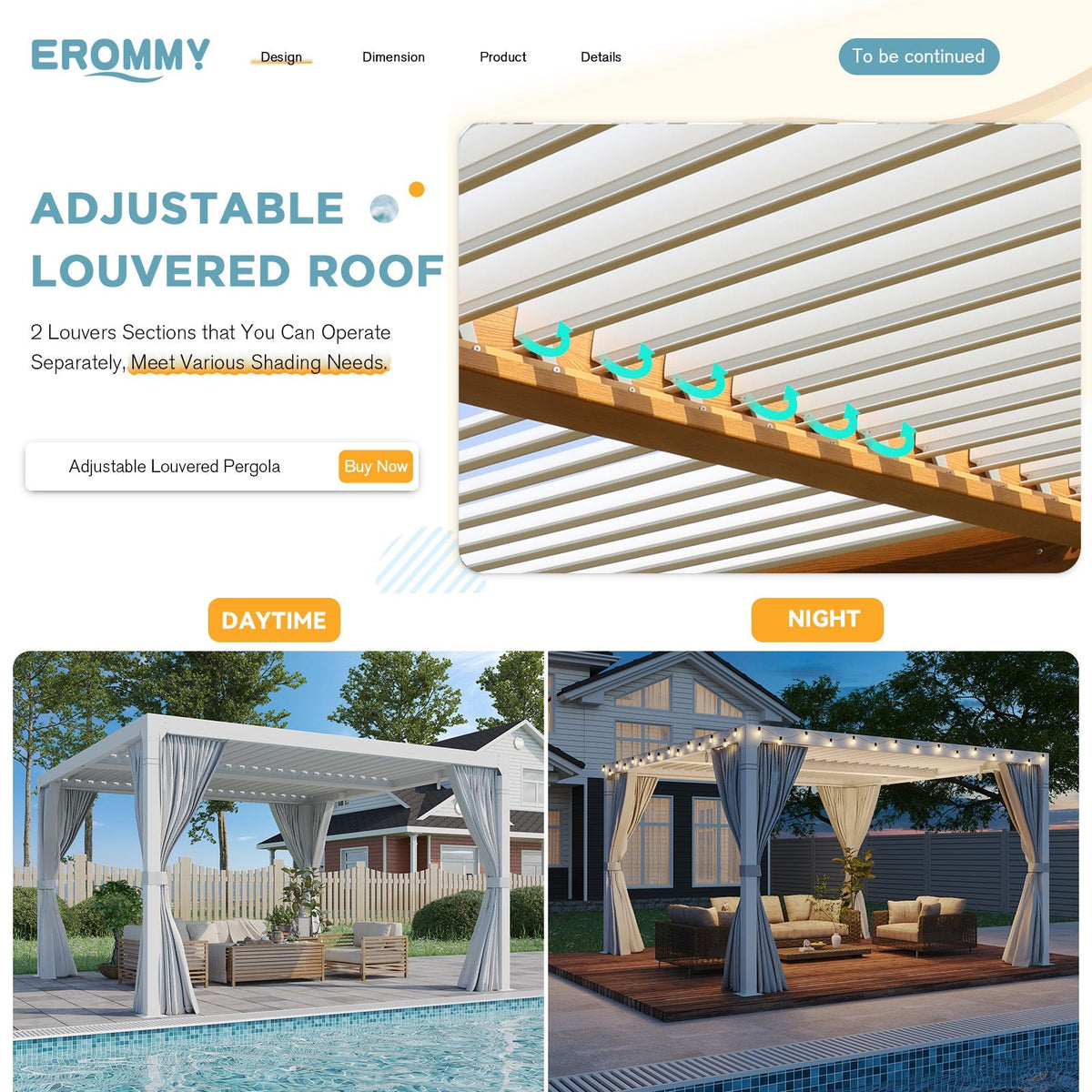 EROMMY 12x12 louvered pergola with Louvered Roof  for Decks, Gardens and Backyards, Wood Grain