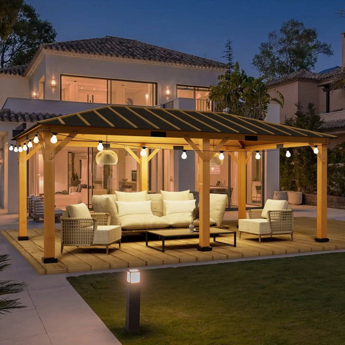 EROMMY 12' x 20' Spruce Wood Gazebo Hardtop, Silent Asphalt Roof Solid Wood Gazebo, for Patio, Lawns, Garden, Yard