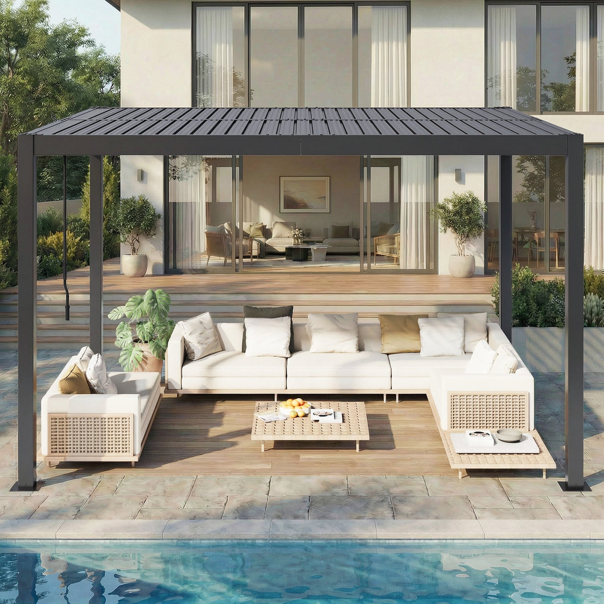 EROMMY 10' x 12' Outdoor Pergola with Adjustable Louvered Roof & Integrated Drainage, Heavy-Duty Metal Louvered Pergola for Patios, Black
