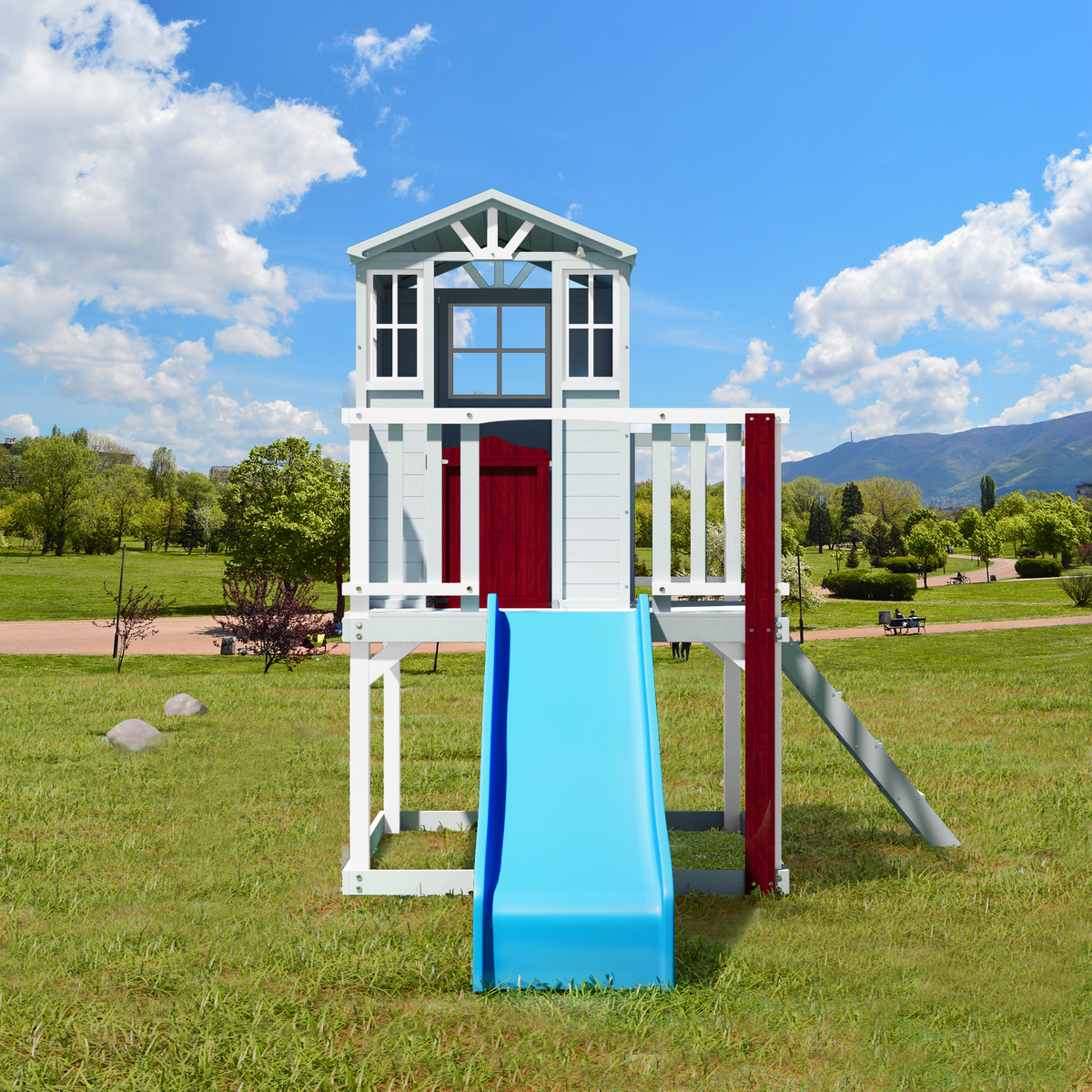 Erommy  Outdoor Wooden Playhouse for Kids - Fir Tree House with Slide, Climbing Ladder & Play Kitchen | Ages 4-8, Gray