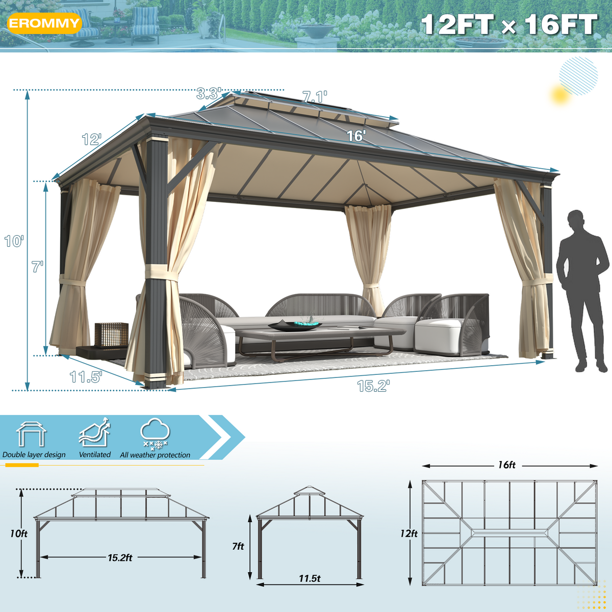 EROMMY 12' x 16' Hardtop Gazebo, Permanent Outdoor Aluminum Patio Gazebo, Double Roof, Patio and Garden, Curtains and Netting