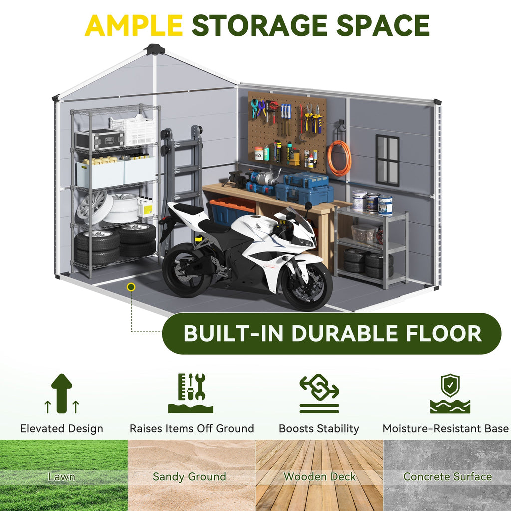 8x10 FT Outdoor Storage Shed, Weather-Resistant Shed with Lockable Double Doors & Built-In Floor, Sloped Roof Outdoor Shed for Backyard, Patio & Lawn, Gray