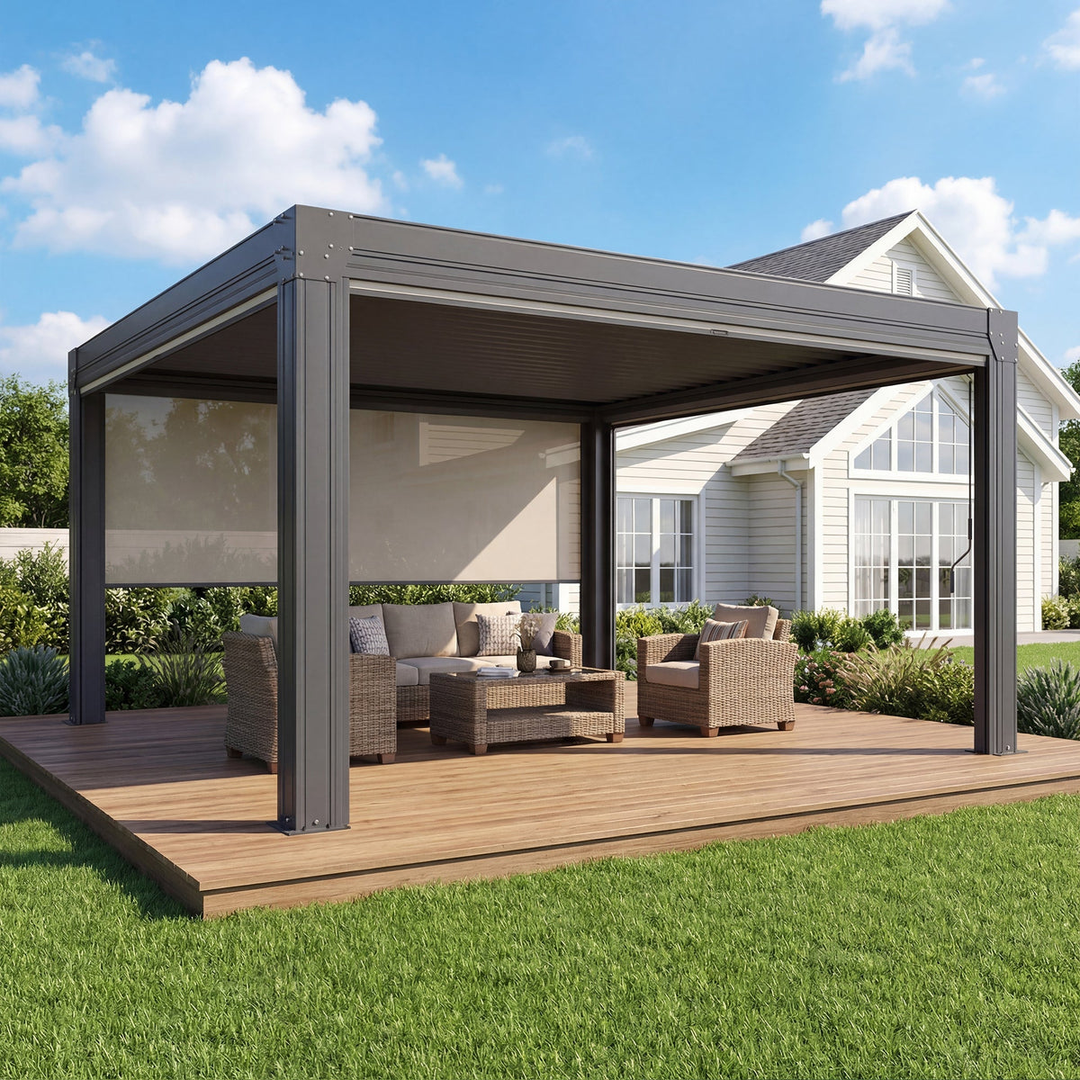 EROMMY 12' x 12' Louvered Pergola with Pull-Down Screens, Aluminum Outdoor Pergola with Retractable Roof for Patios, Decks & Backyards, Black