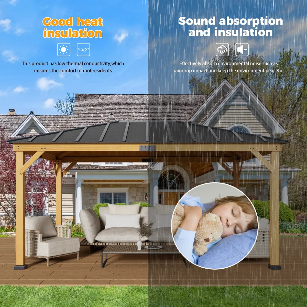 EROMMY 12' x 16' Wood Gazebo Spruce Solid Wooden Frame Pavilion Hardtop Asphalt Roof Canopy for Patio Lawn Garden Backyard