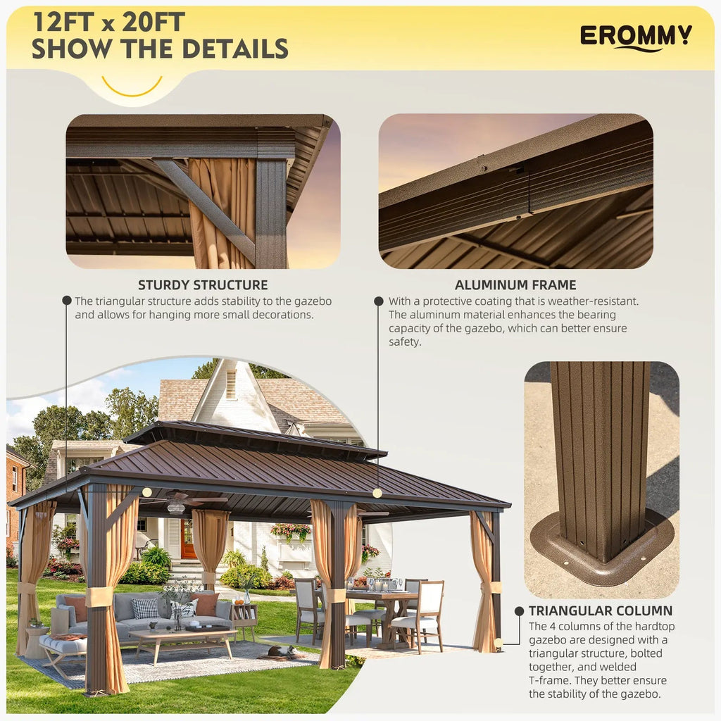 EROMMY 12X20 Hardtop Grill Gazebo with Netting and Sides