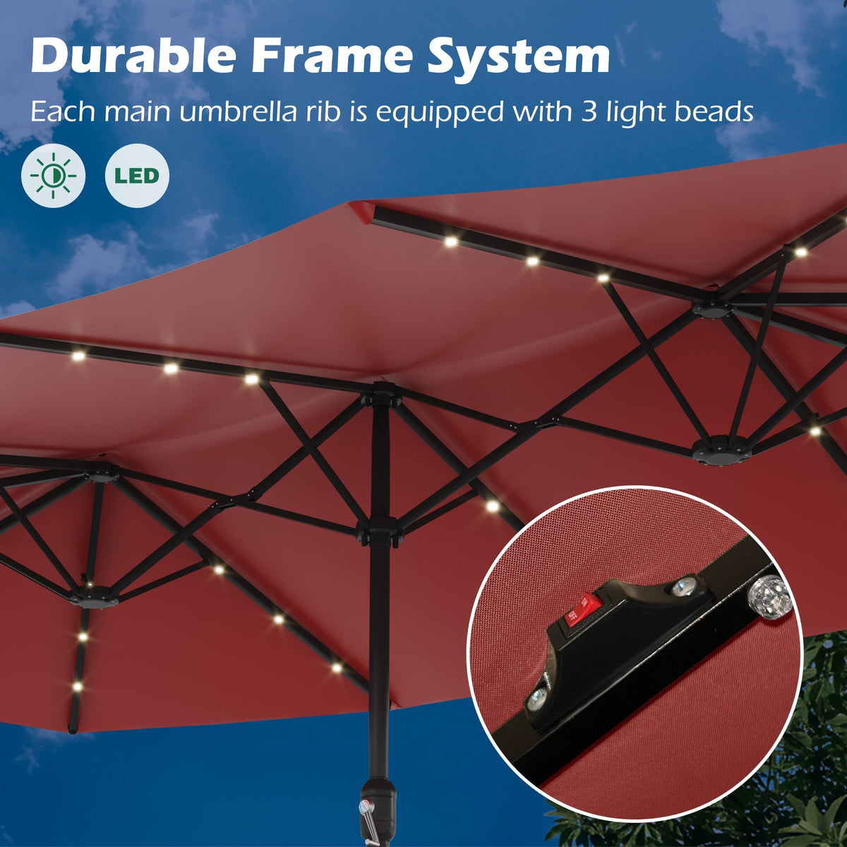 EROMMY 15 X 9 Double-Sided Large Umbrella with Solar LED - Red