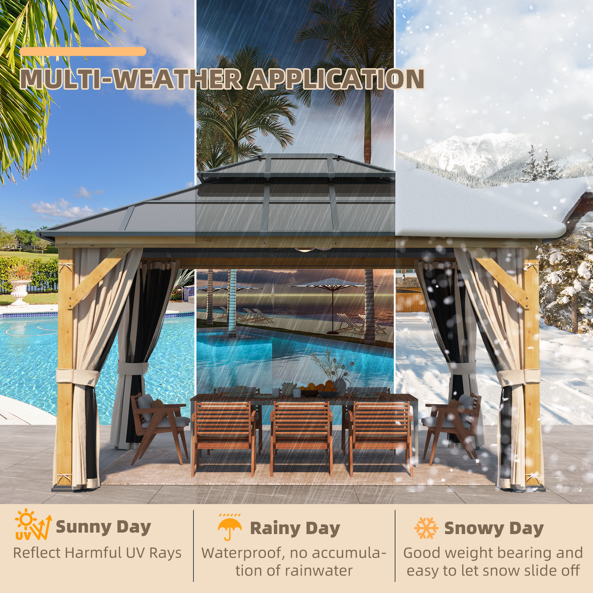 EROMMY 12' x 14' Hardtop Gazebo, Wood Outdoor Gazebo, Polycarbonate Double Roof, Netting and Curtains, Patio Gazebo