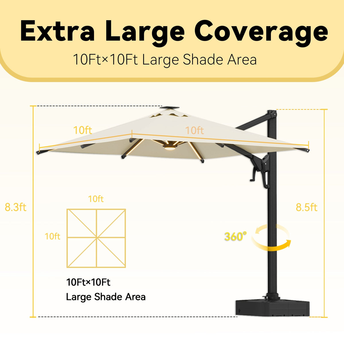 EROMMY 10 X 10 Outdoor Weather-resistant Umbrella with LED, Base Excluded - Yellow